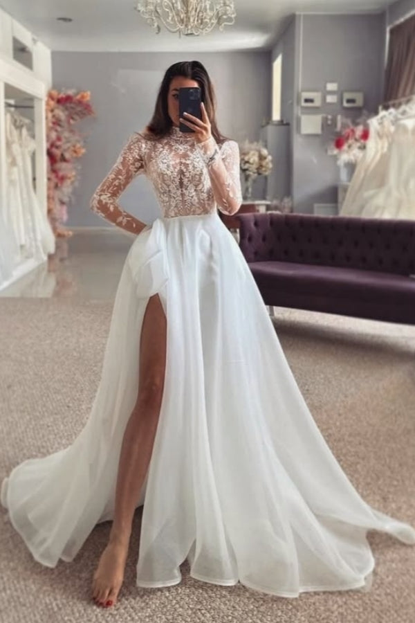 Fashion High Collar Long Sleeves Chiffon Wedding Dresses With Lace