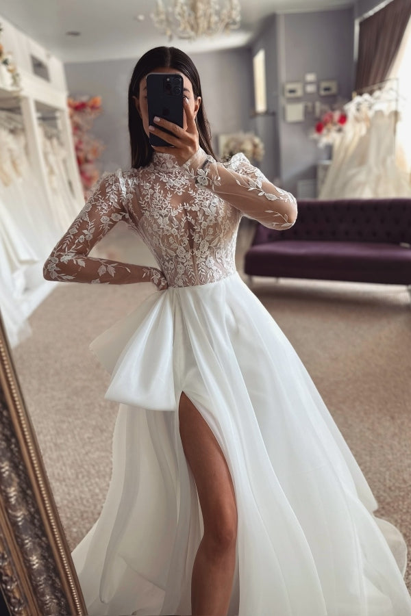 Fashion High Collar Long Sleeves Chiffon Wedding Dresses With Lace