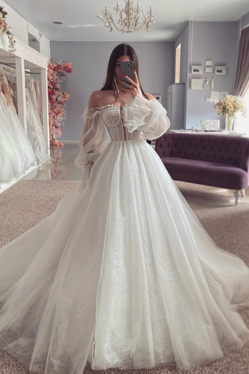 Elegant Long Sleeves Off-the-shoulder Ball Gown Tulle Wedding Dresses