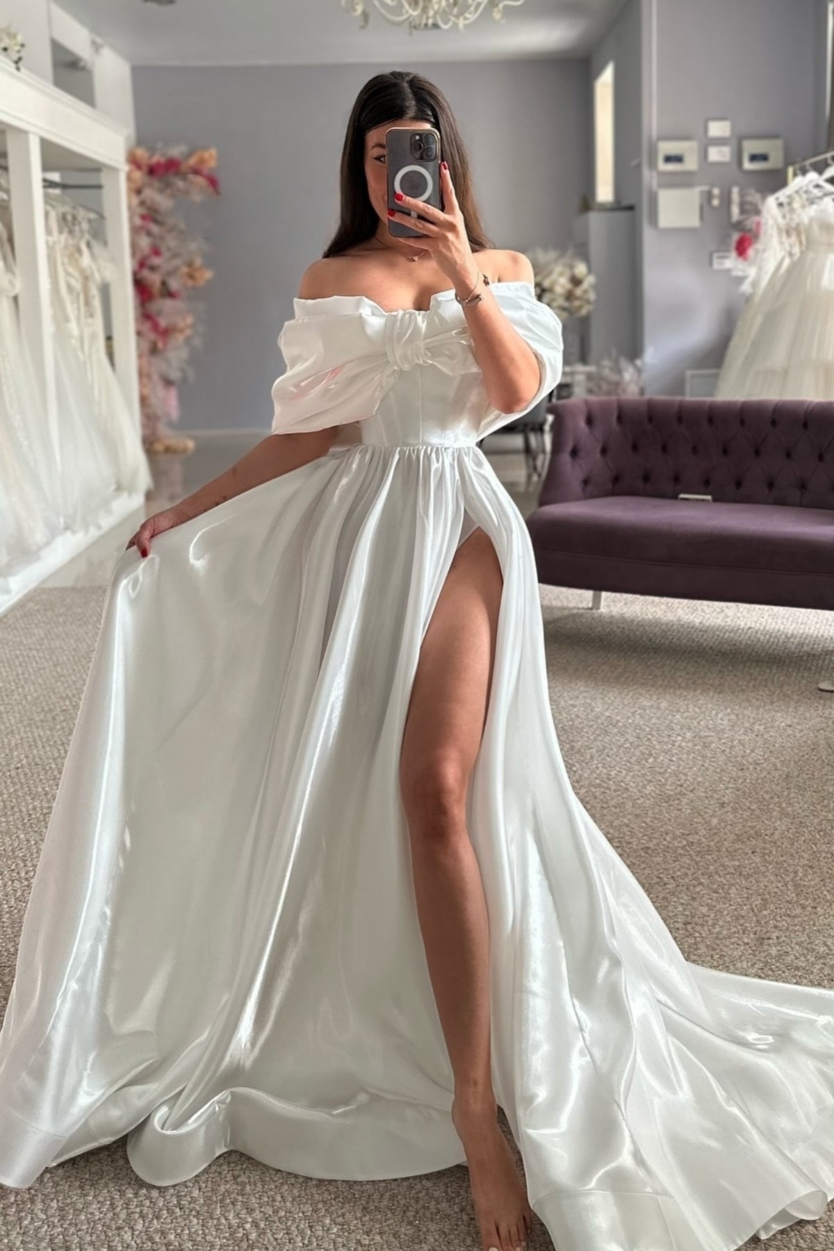 Mild Off-the-shoulder A Line High Split Satin Wedding Dresses