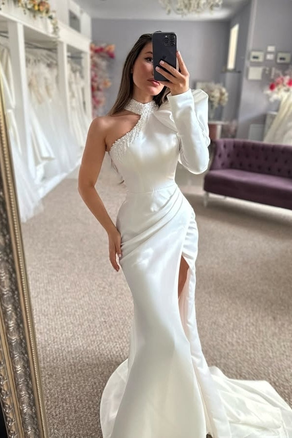Charming High Collar Sheath Side Slit Beadings Wedding Dresses