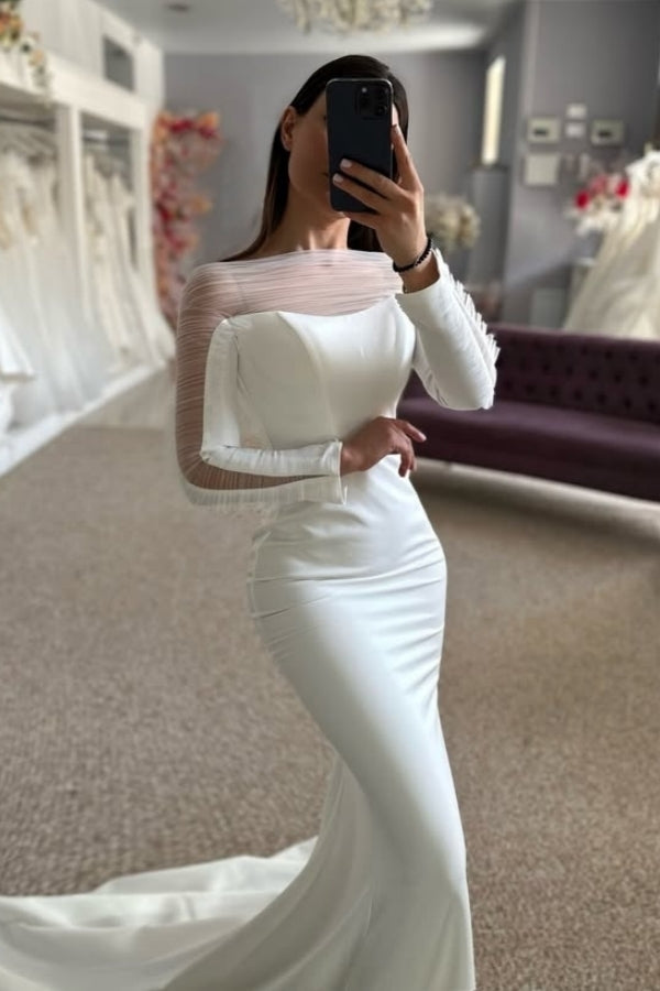 Modern Tulle Bateau Long Sleeves Sheath Wedding Dresses
