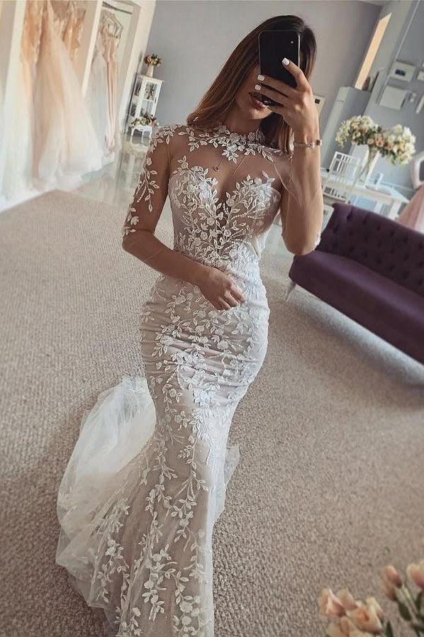 Generous Jewel Long Sleeves Beadings Lace Tulle Wedding Dresses