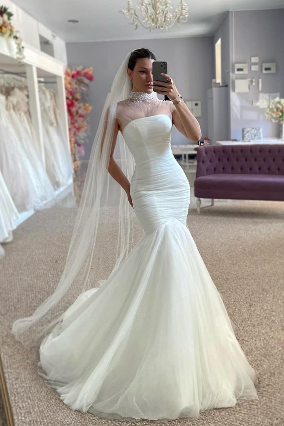 Wonderful High Collar Mermaid Sleeveless Beadings Tulle Wedding Dresses