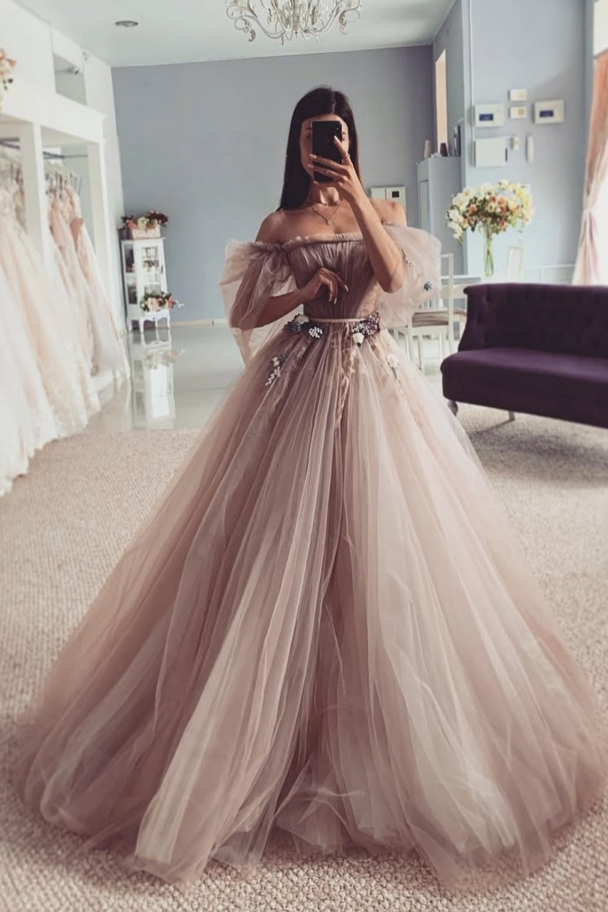 Mild Dusty Pink Off-the-shoulder A Line Tulle Wedding Dresses With Beadings