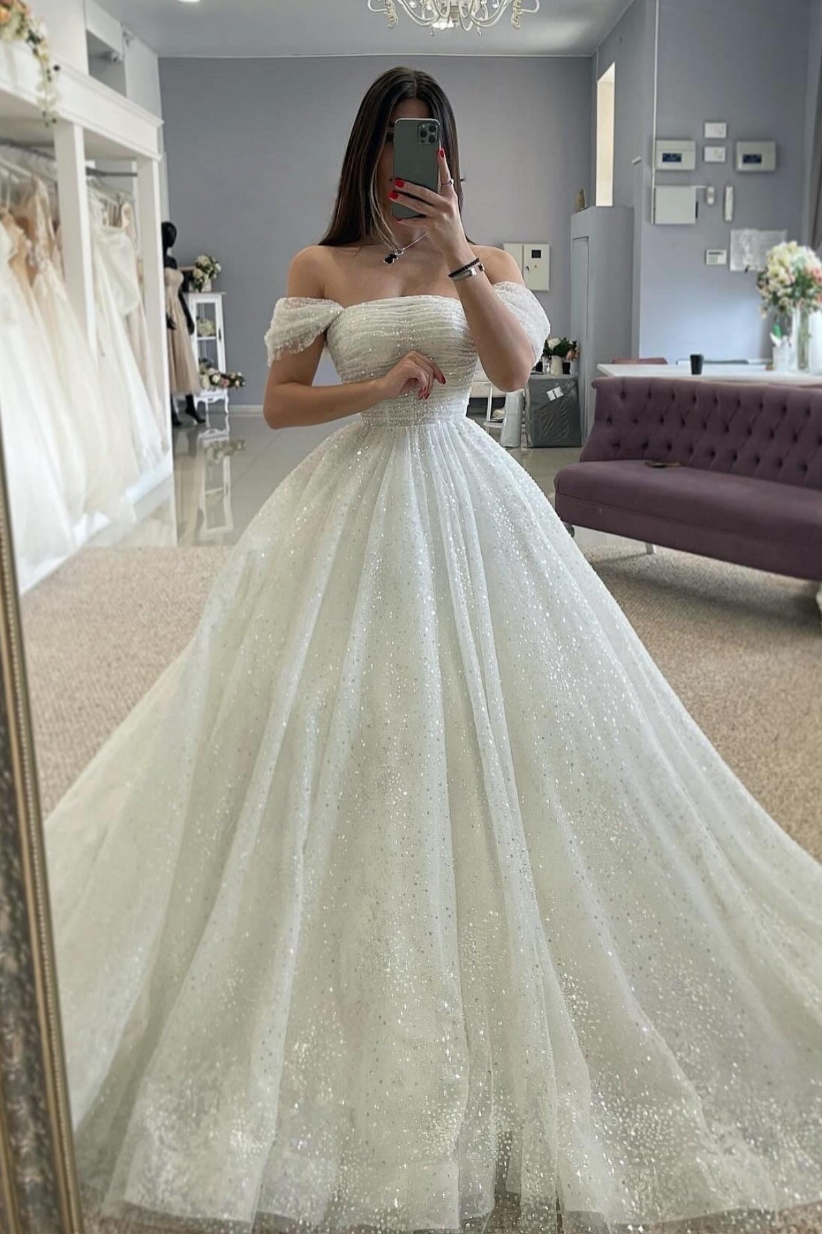 Serious Off-the-shoulder Ball Gown Sequins Tulle Wedding Dresses