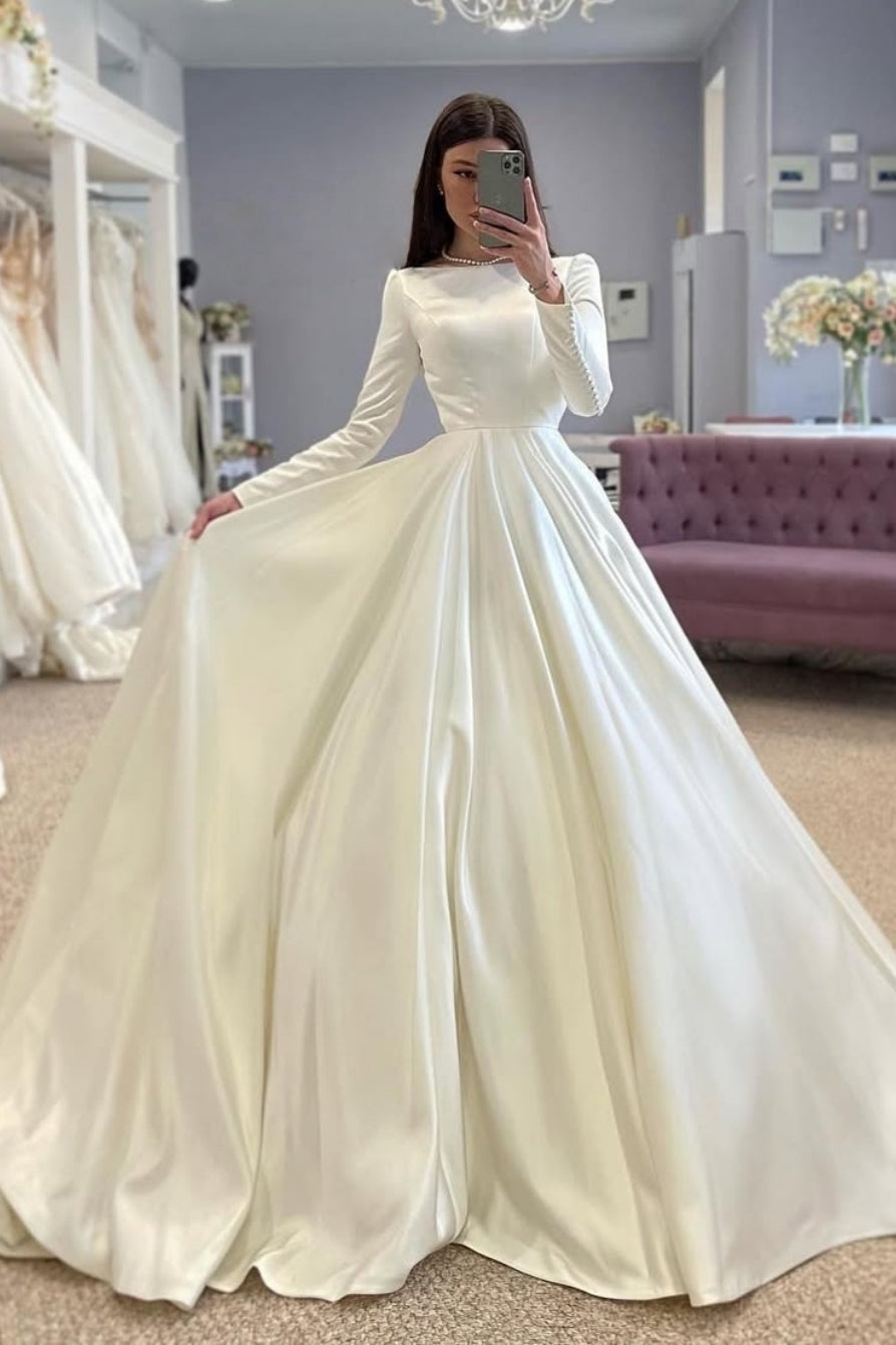 Generous Bateau Long Sleeves Satin Backless Wedding Dresses With Beadings