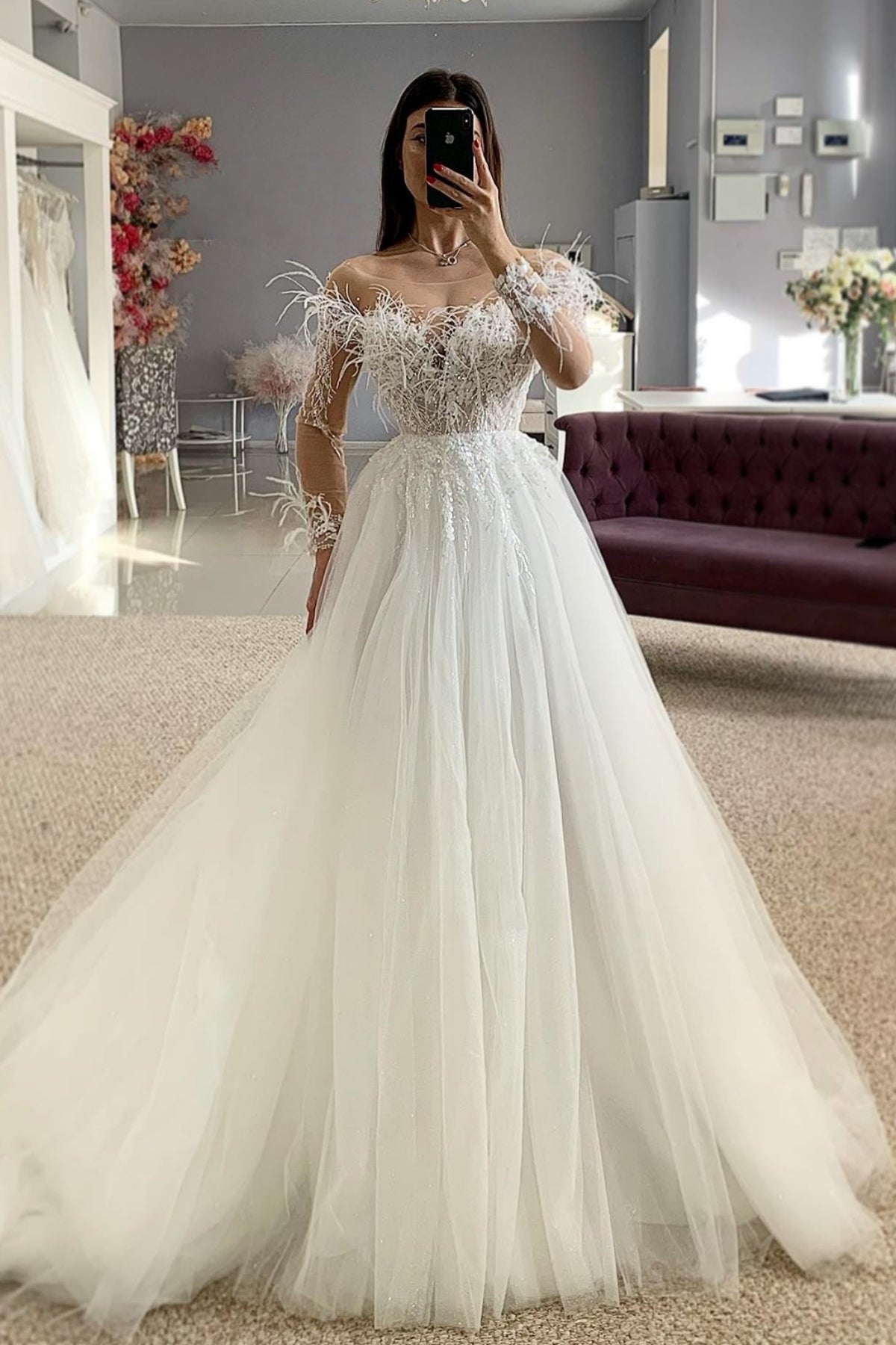 Charming Jewel A Line Appliques Beadings Wedding Dresses With Feathers