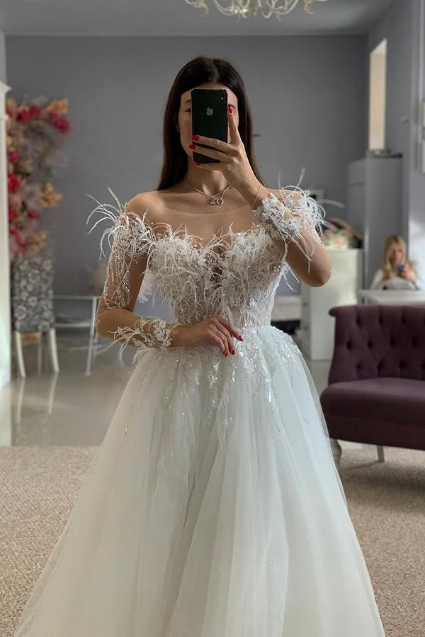 Charming Jewel A Line Appliques Beadings Wedding Dresses With Feathers