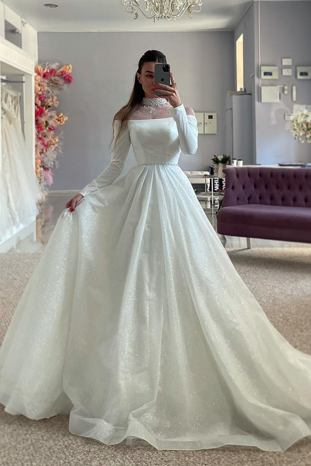 Bespoke High Collar Long Sleeves A Line Beadings Wedding Dresses