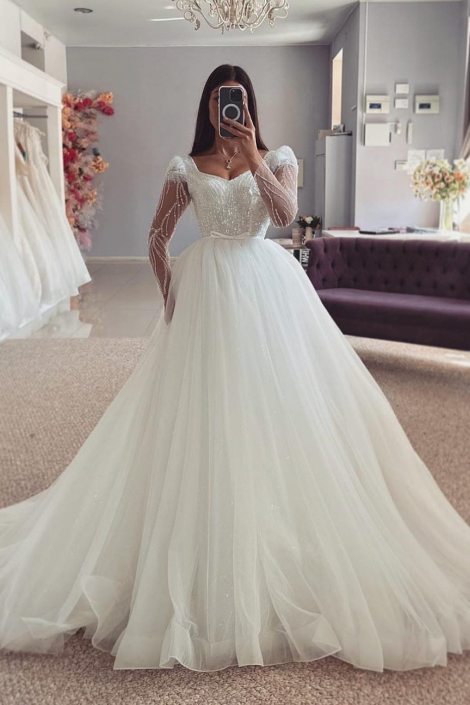 Mild Square Long Sleeves Beadings Tulle Puffy Layers Wedding Dresses