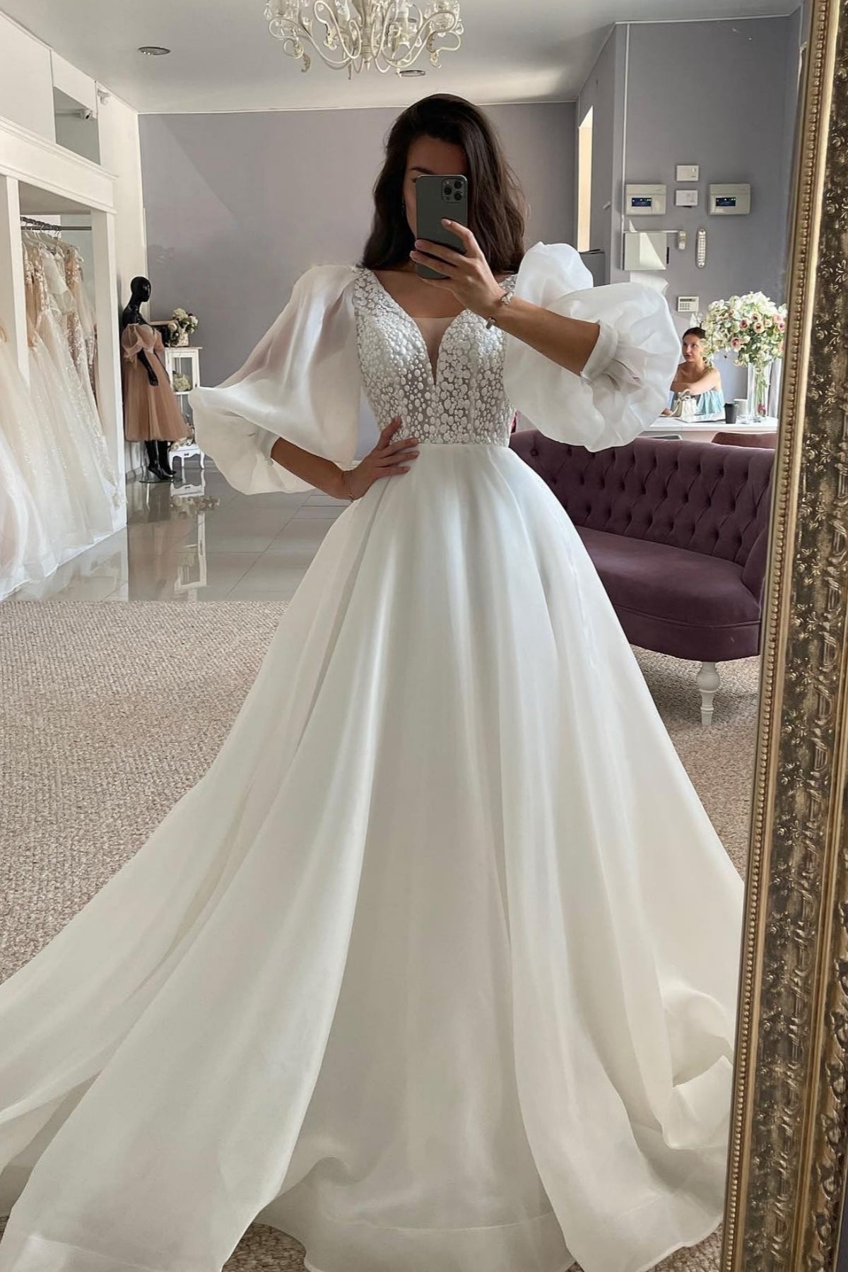 Nectarean Cap sleeves V Neck A Line Appliques Wedding Dresses
