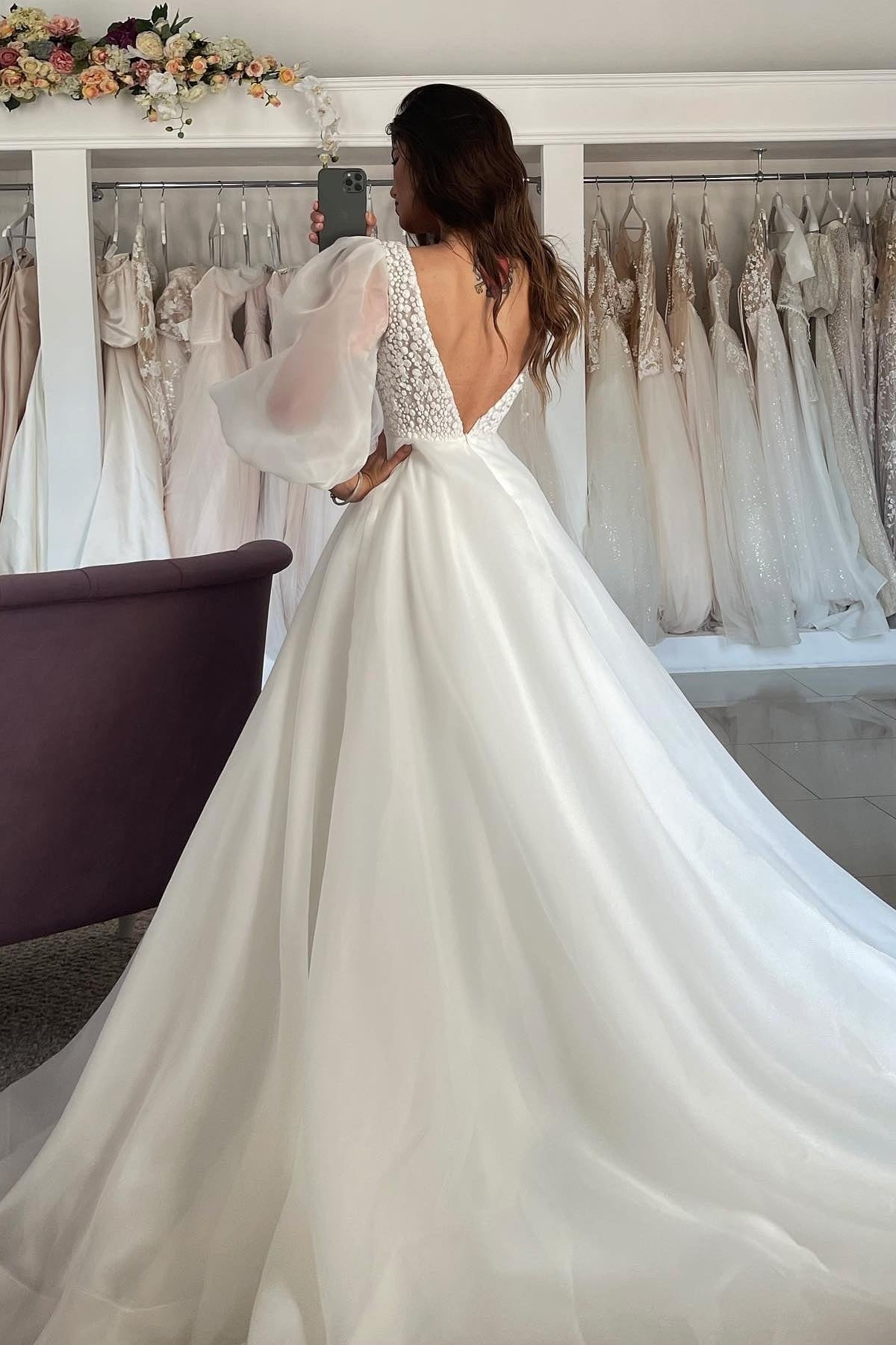 Nectarean Cap sleeves V Neck A Line Appliques Wedding Dresses