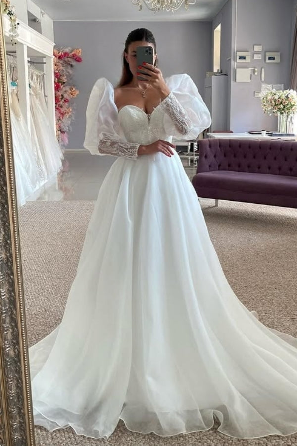 Lovely Bubble Sleeves Sweetheart A Line Tulle Wedding Dresses