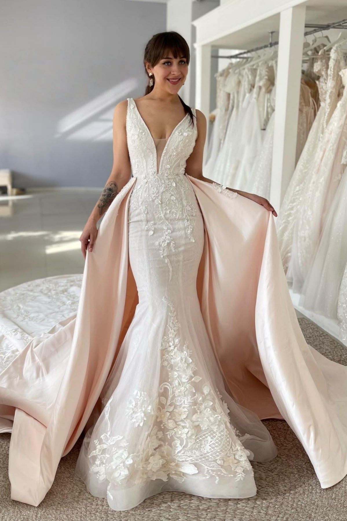 Elegant Long V Neck Mermaid Detachable Train Lace Wedding Dresses