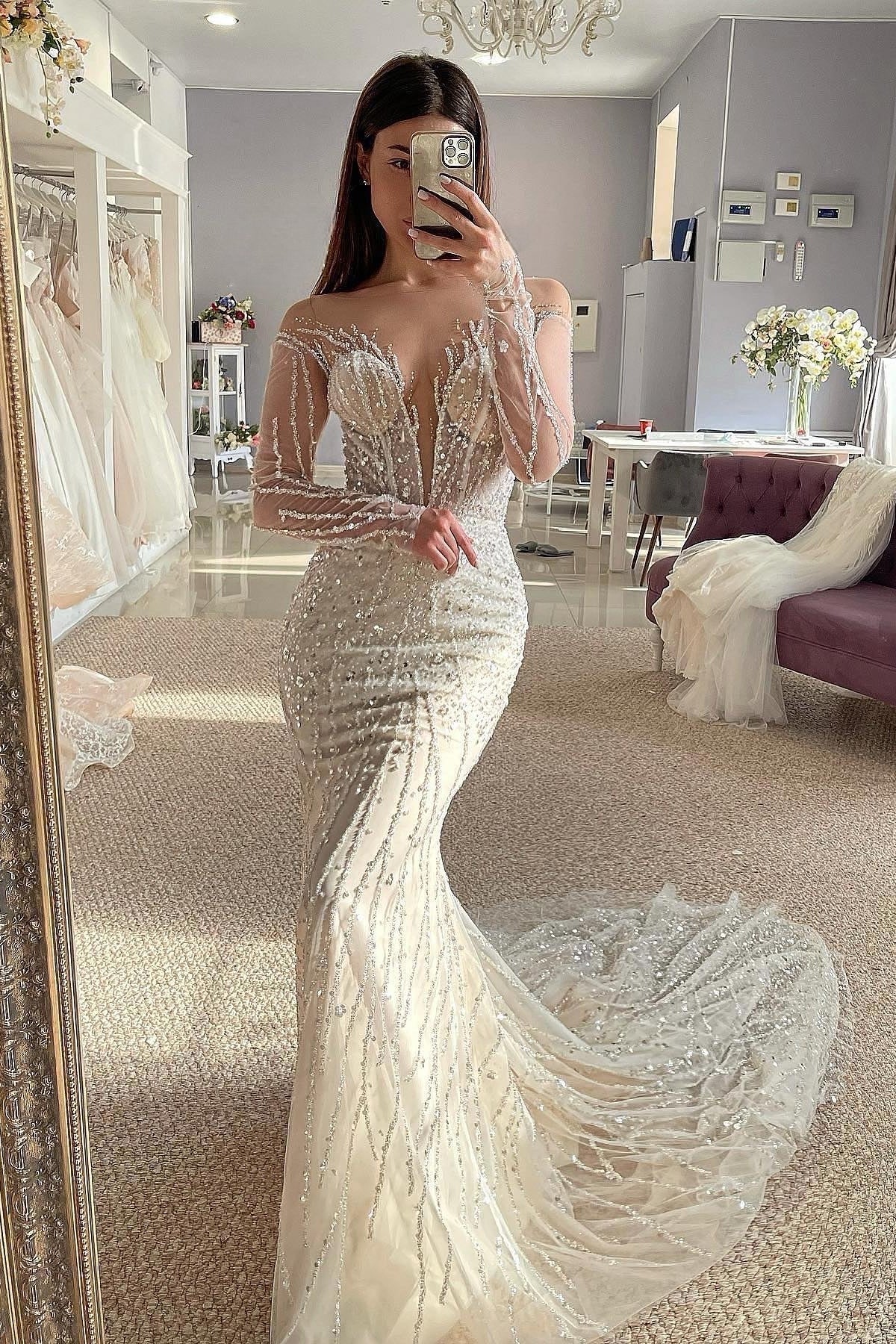 Honorable V Neck Long Sleeves Mermaid Beadings Wedding Dresses