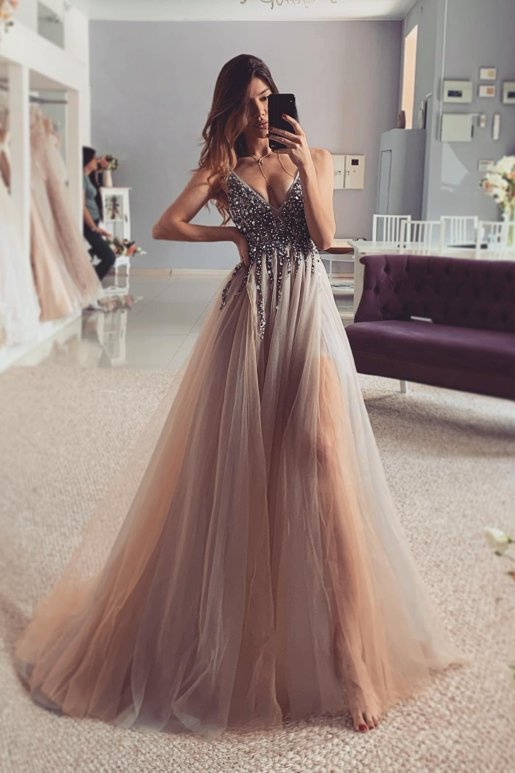 Nectarean V Neck A Line Beadings Tulle Wedding Dresses
