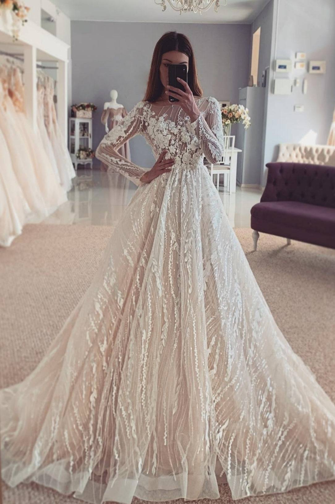 Mild A Line Square Long Sleeves Appliques Lace Wedding Dresses