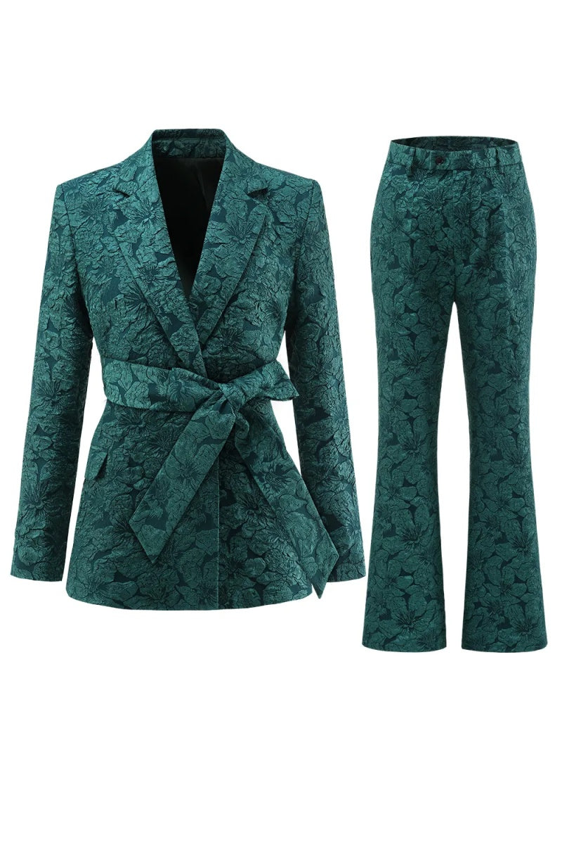 Chic Dark Green Notched Lapel Jacquard Women Suits With Belt