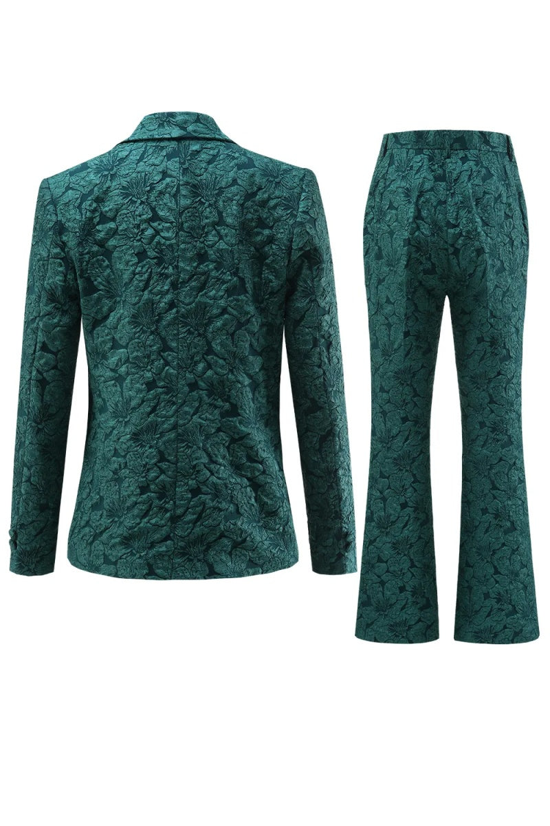 Chic Dark Green Notched Lapel Jacquard Women Suits With Belt