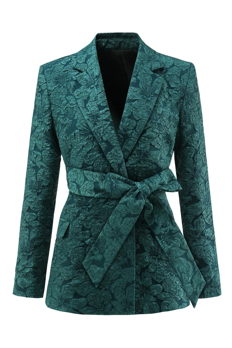 Chic Dark Green Notched Lapel Jacquard Women Suits With Belt