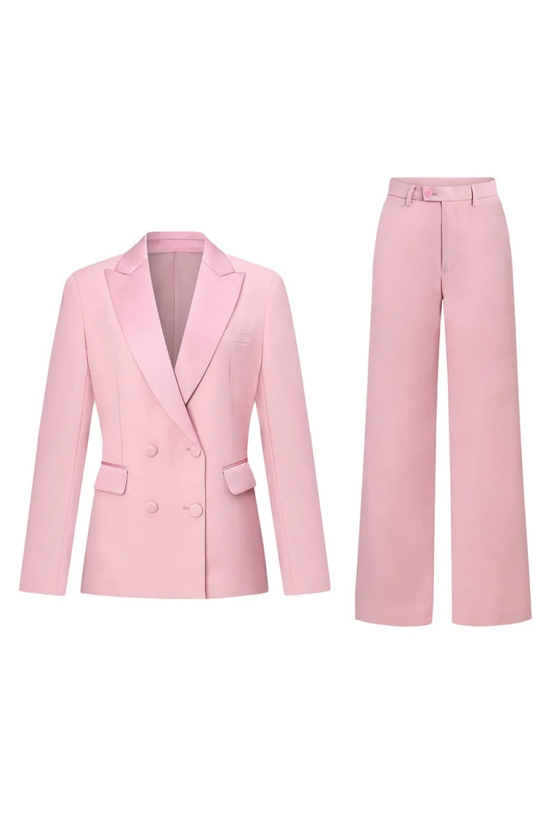 Stylish Pink Peaked Lapel Double Breasted Slim Fit Women Suits