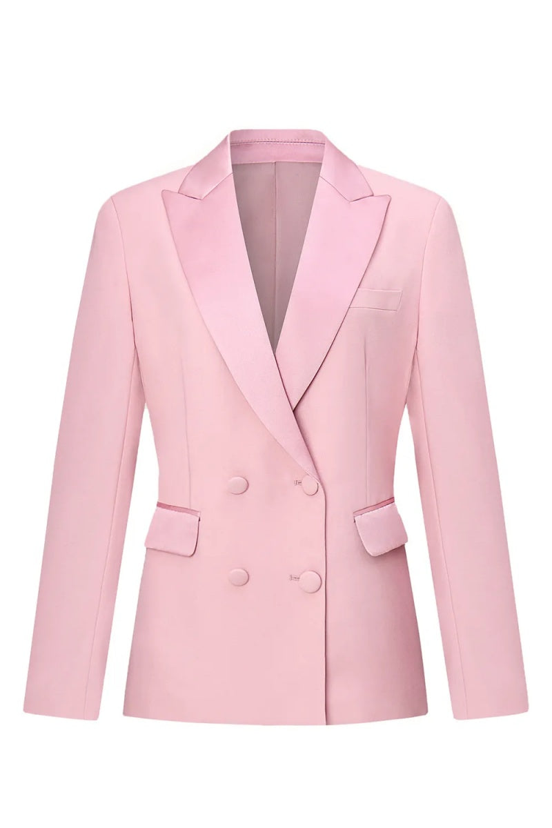 Stylish Pink Peaked Lapel Double Breasted Slim Fit Women Suits
