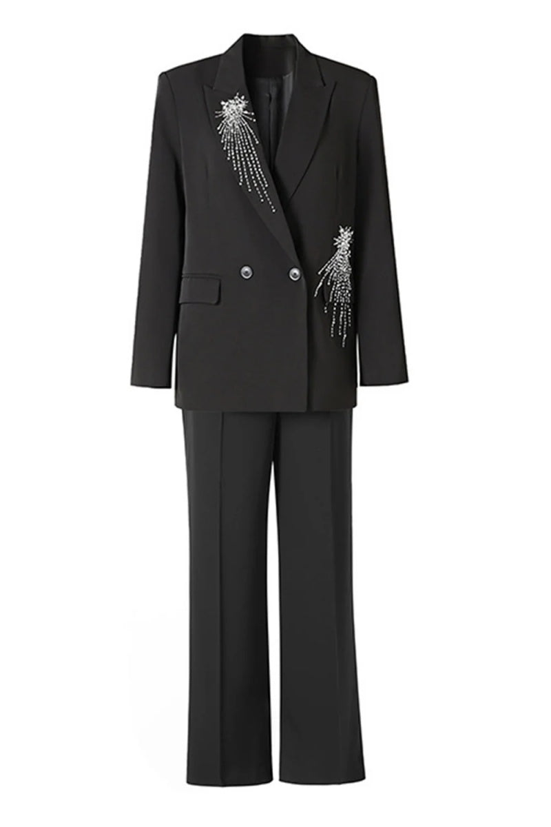 Handsome Black Peaked Lapel Double Breasted Women Suits