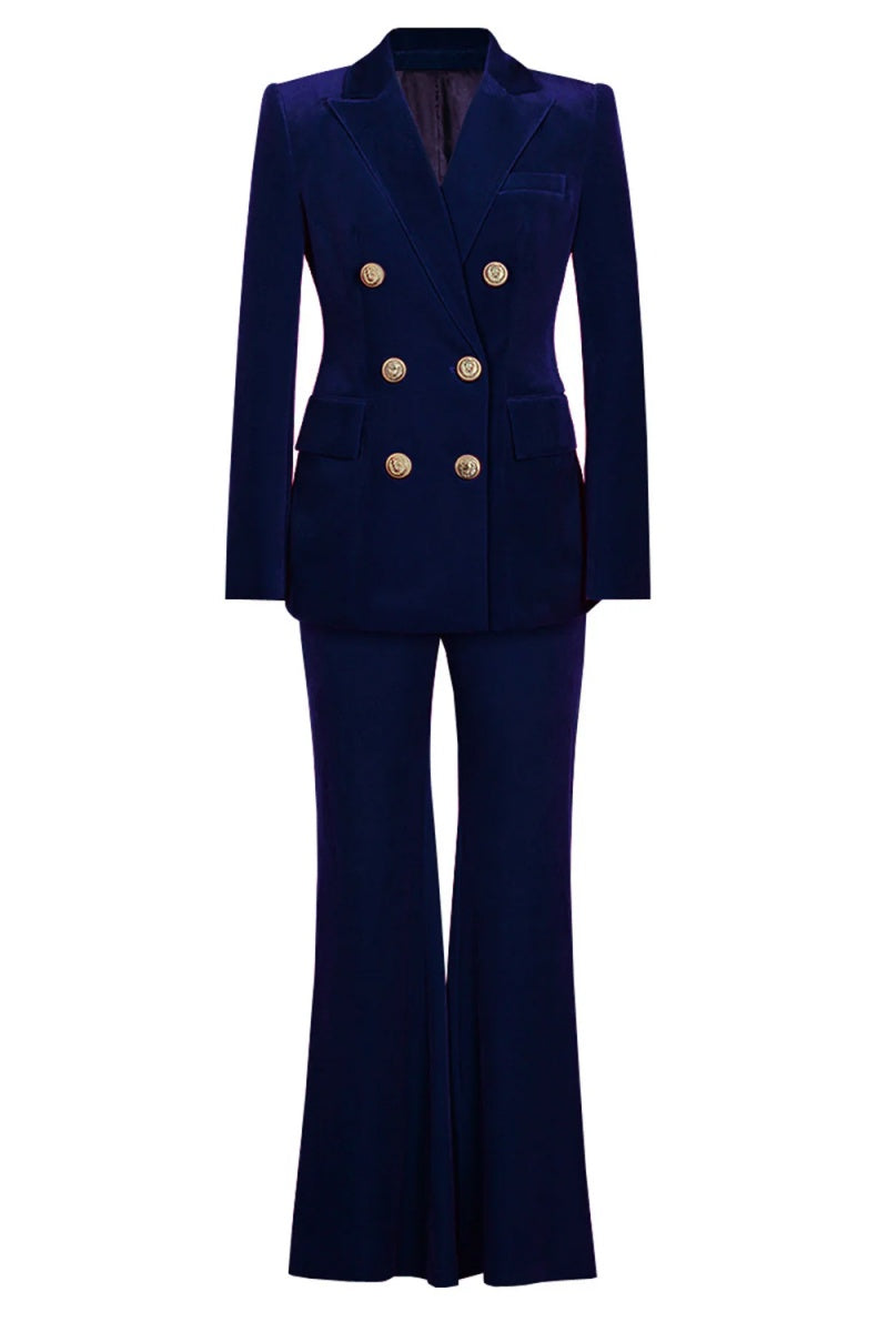 Modern Royal Blue Velvet Double Breasted Slim Fit Women Suits