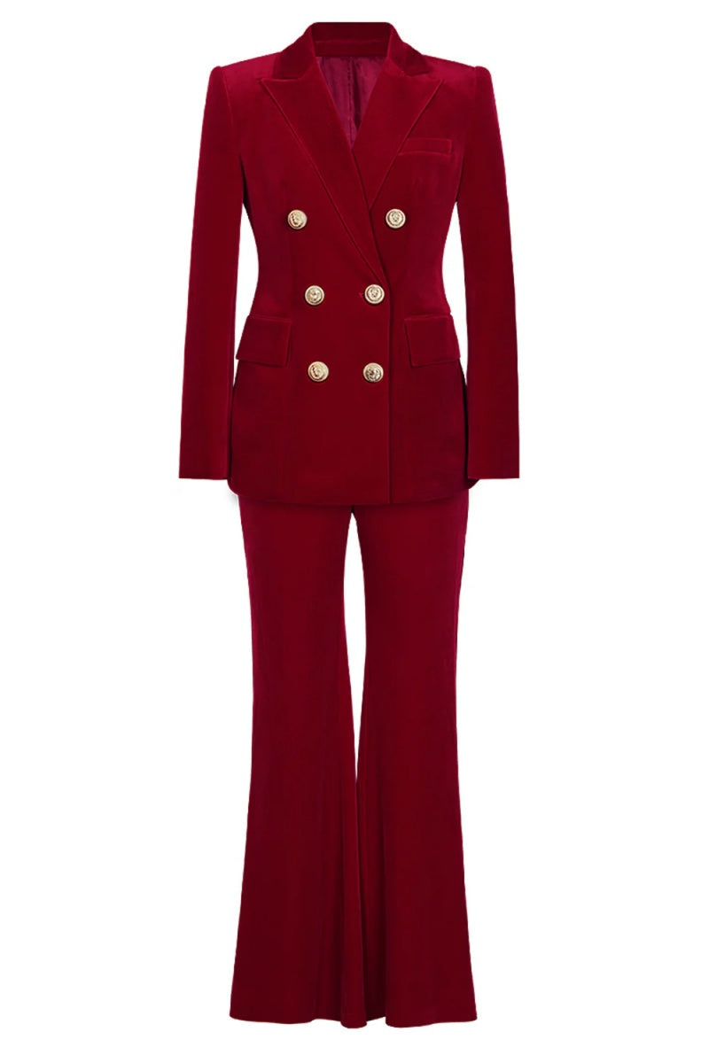 Chic Red Velvet Double Breasted Close Fitting Women Suits