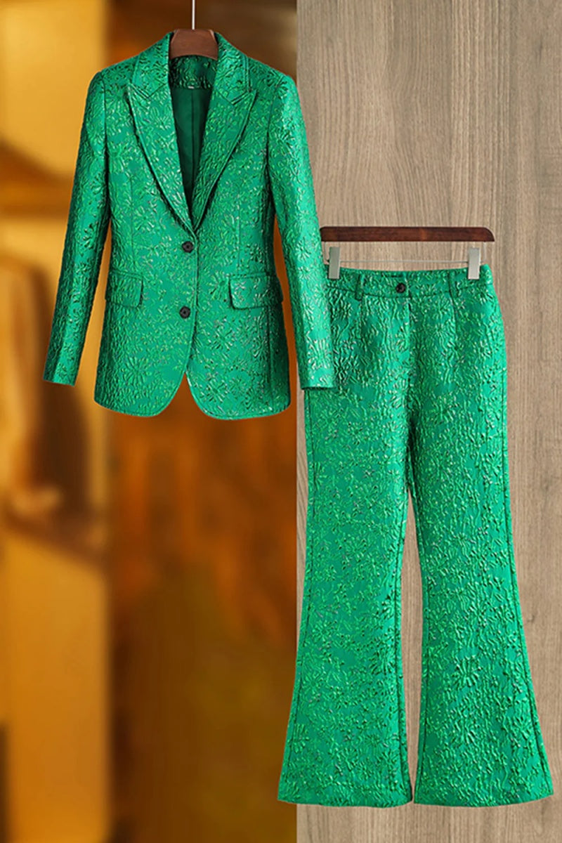 Trendy Green Peaked Lapel Jacquard Women Suits
