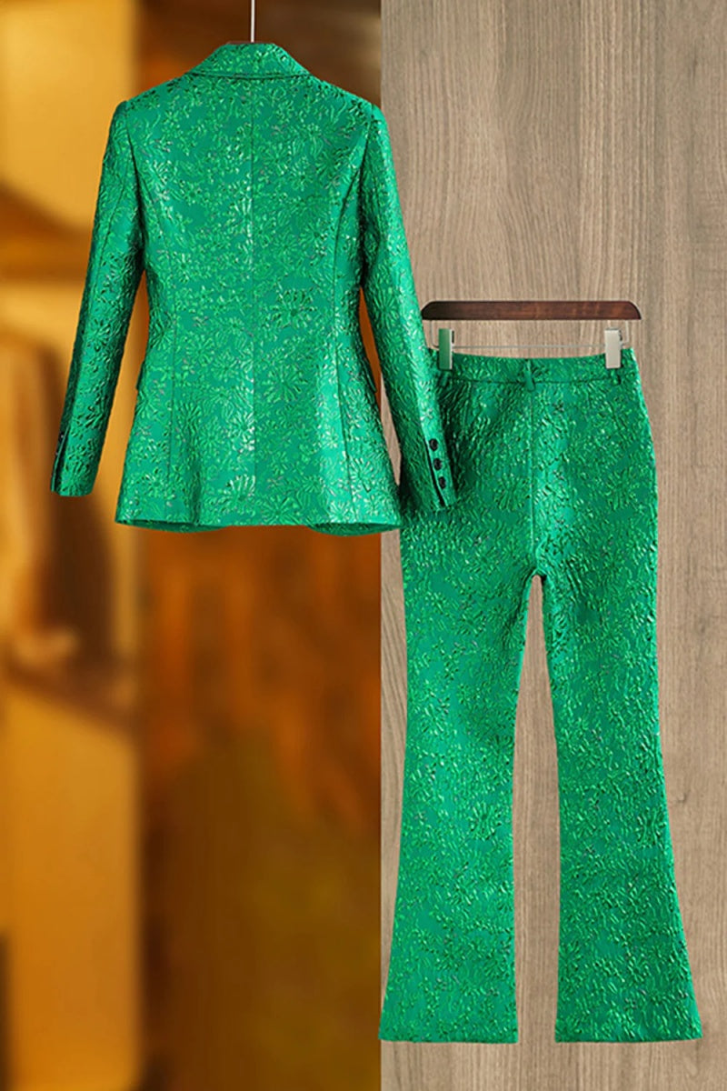 Trendy Green Peaked Lapel Jacquard Women Suits