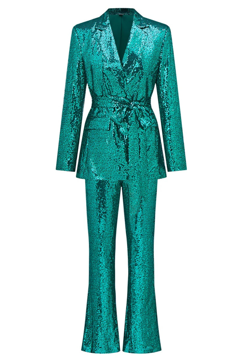 Fashion Jade Sequins Peaked Lapel Slim Fit Women Suits With Belt