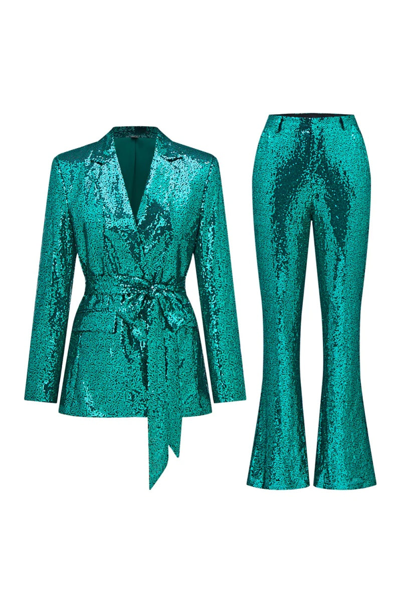 Fashion Jade Sequins Peaked Lapel Slim Fit Women Suits With Belt