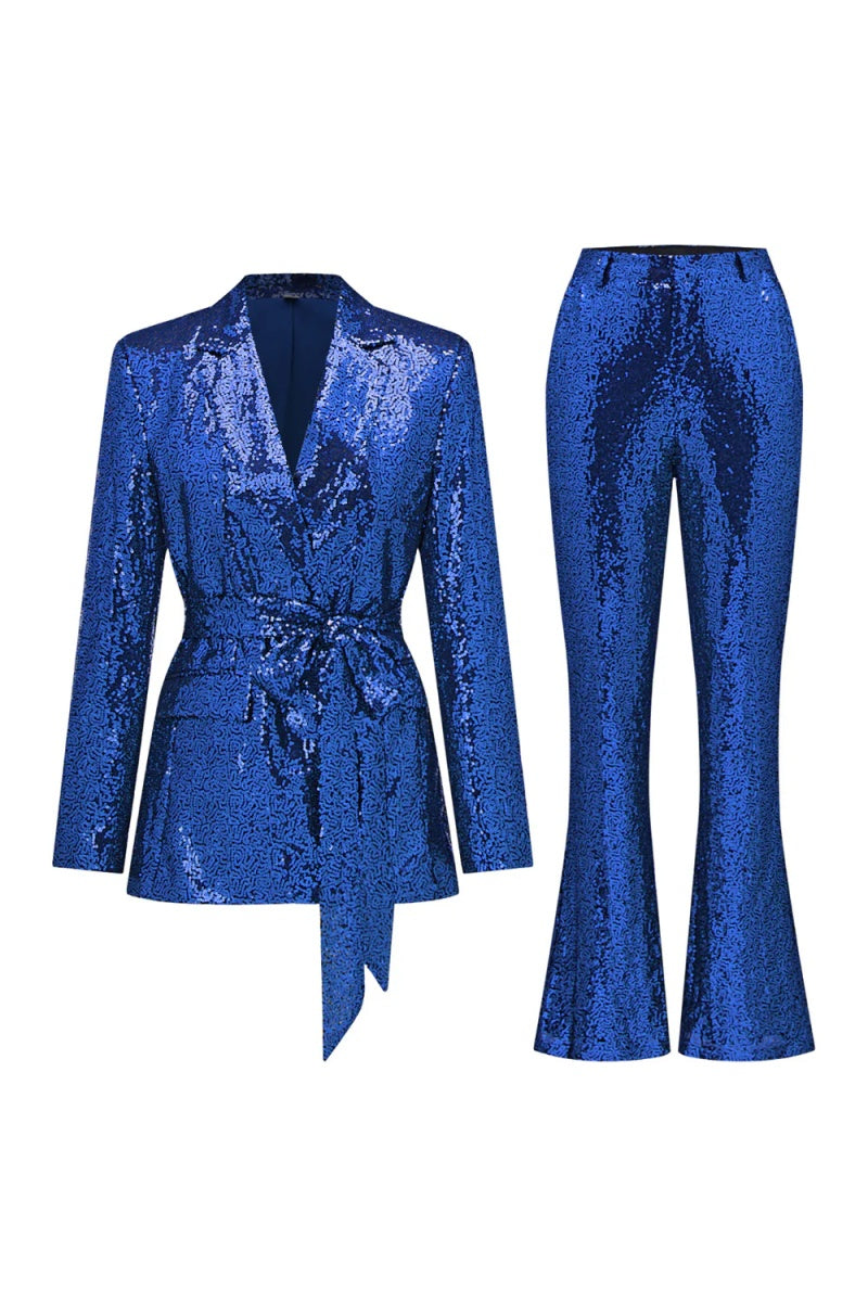 Charming Royal Blue Sequins Peaked Lapel Slim Fit Women Suits With Belt