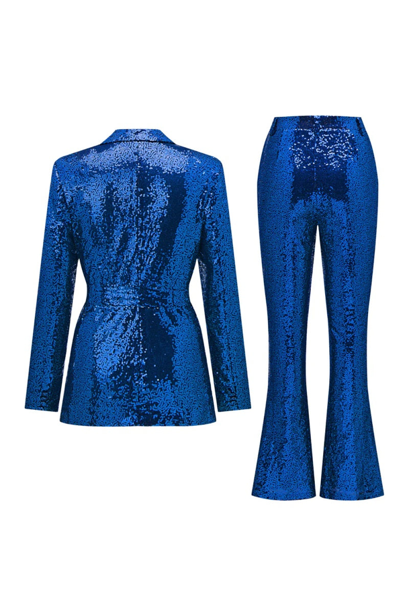 Charming Royal Blue Sequins Peaked Lapel Slim Fit Women Suits With Belt