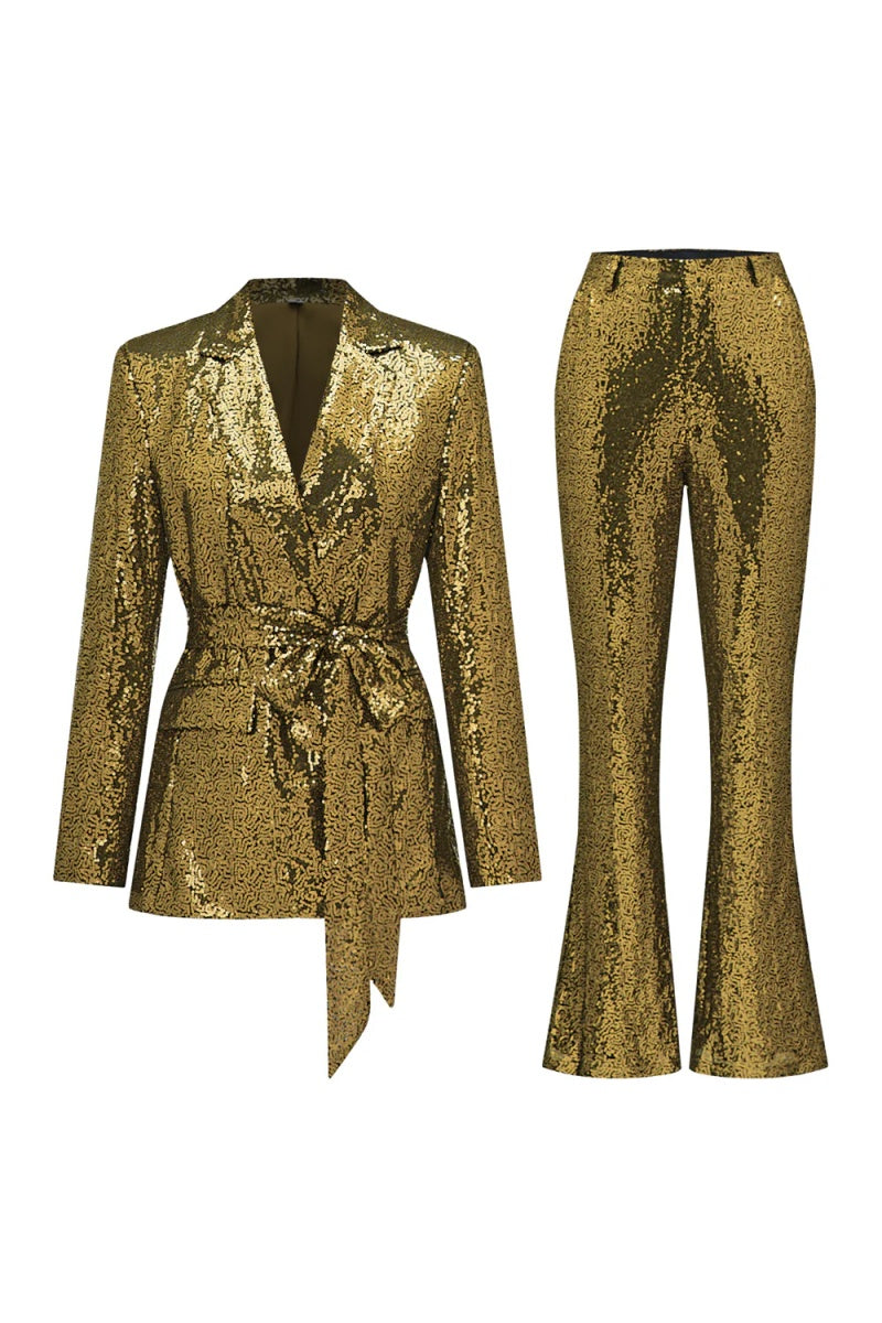 Honorable Gold Sequins Peaked Lapel Slim Fit Women Suits With Belt