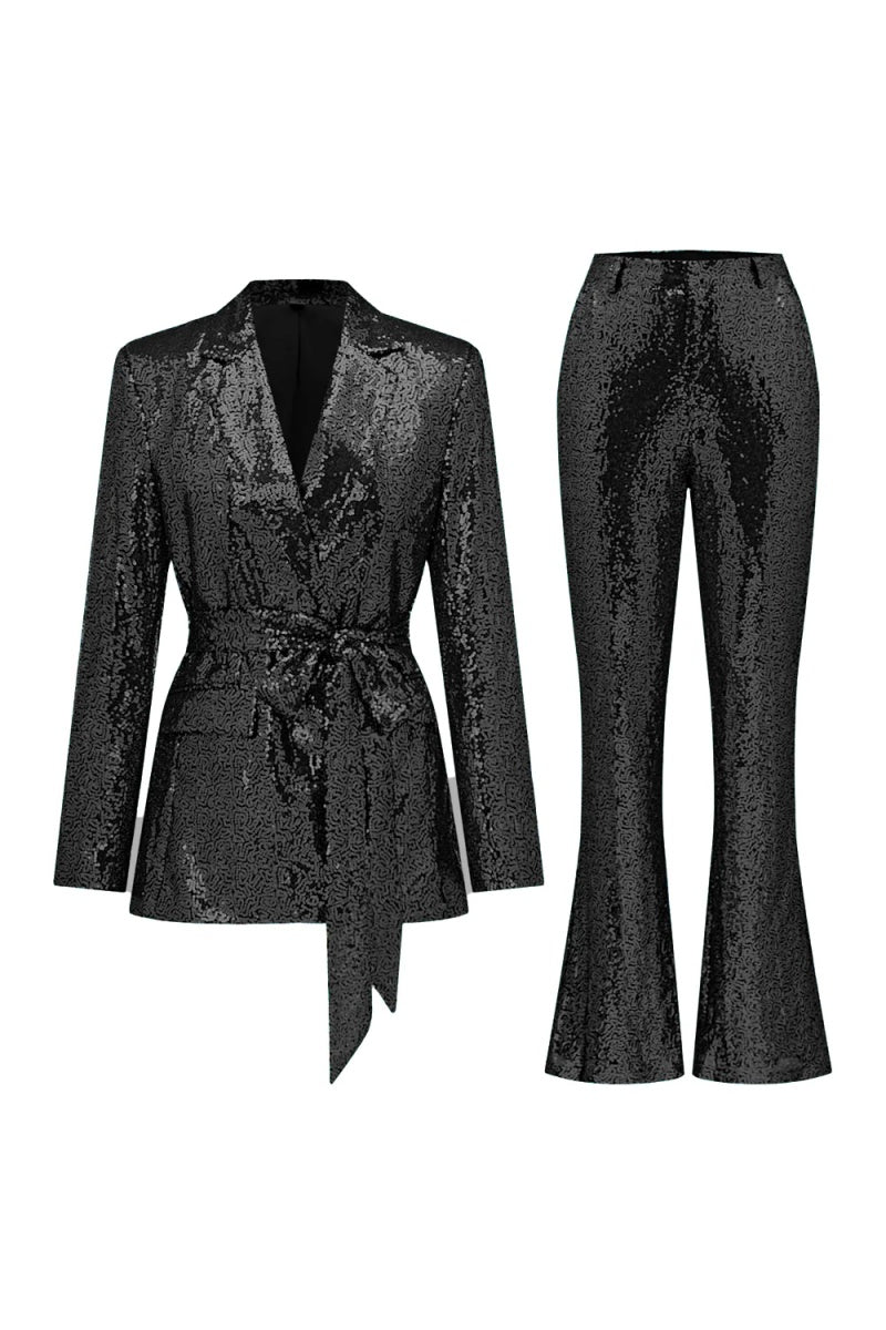 Classical Black Sequins Peaked Lapel Slim Fit Women Suits With Belt
