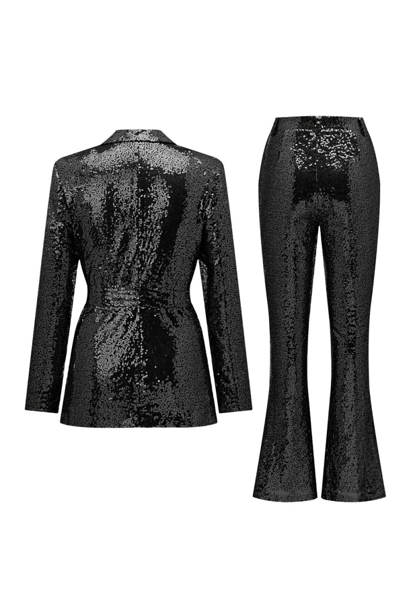 Classical Black Sequins Peaked Lapel Slim Fit Women Suits With Belt