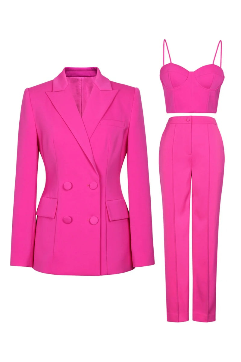 Exquisite Fuchsia Peaked Lapel Three Pieces Women Suits