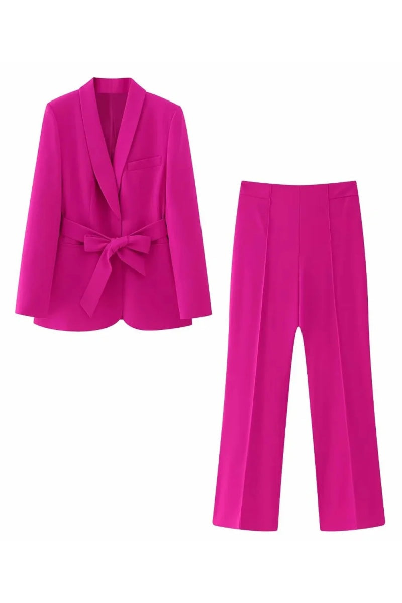 Mild Fuchsia Shawl Lapel Best Fitted Prom Women Suits With Belt