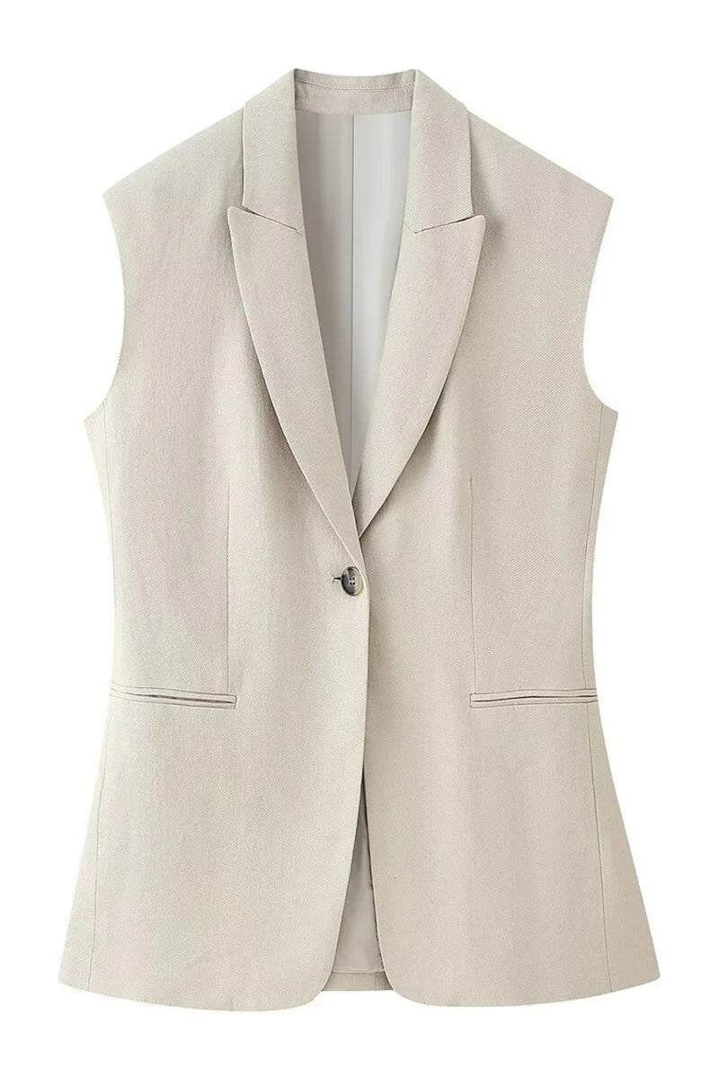 Chic Beige Peaked Lapel Sleeveless Women Suits