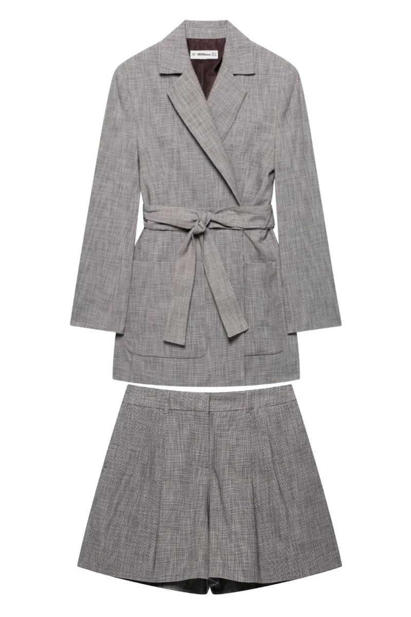 Intellectuality Gray Notched Lapel Women Suits With Belt